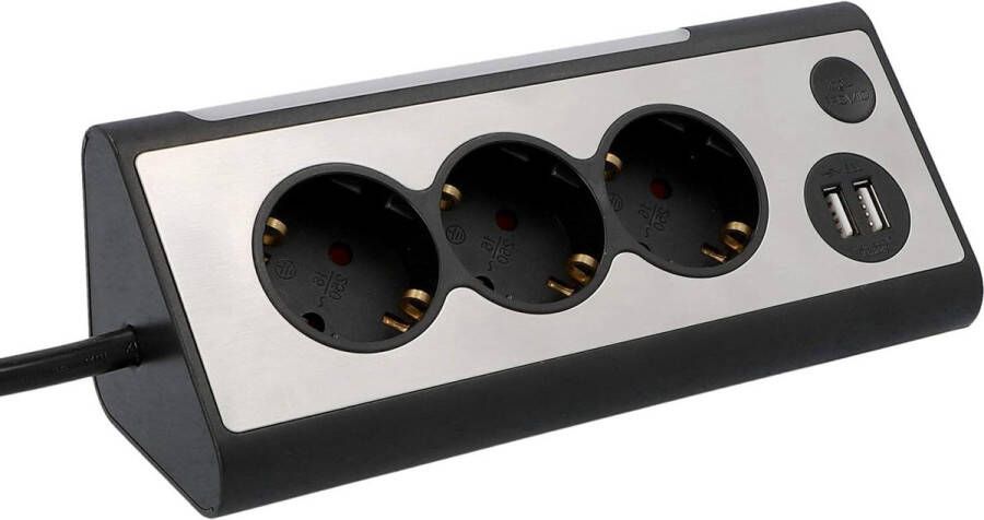 Hoekstekkerdoos met 2 USB-laadaansluitingen en 3 stopcontacten led-verlichting aanraakschakelaar roestvrijstalen voorkant