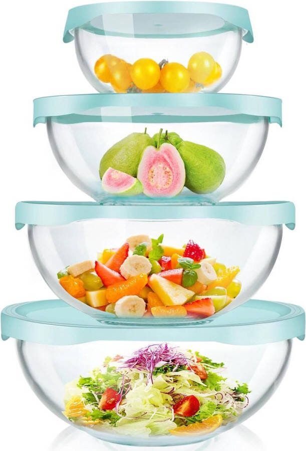 Hoge borosilicaat helder glas mengkommen met deksels set van 4 keuken ruimtebesparende nestkommen grote glazen slakommen voor bakken mixen voedselopslag