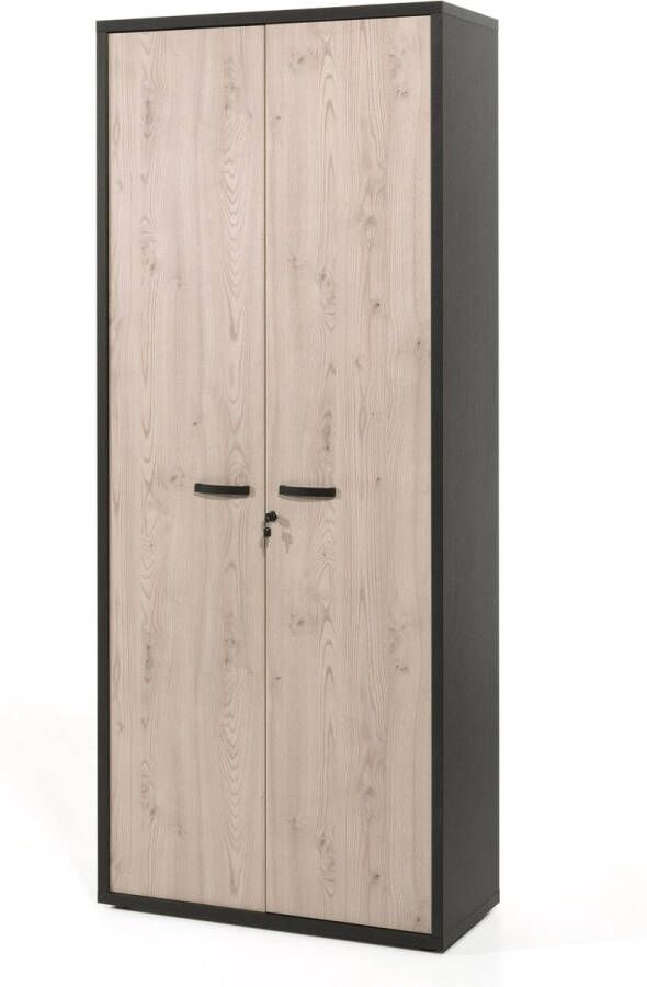 Hoge dichte kantoorkast Spinoza Zwart Kastanje Breedte 90 cm Hoogte 216 cm Diepte 40 cm Met planken Met openslaande deuren