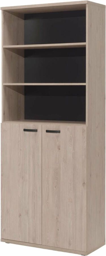 Hoge halfopen kantoorkast Newton Eiken Breedte 90 cm Hoogte 222 cm Diepte 40 cm Met planken Met openslaande deuren