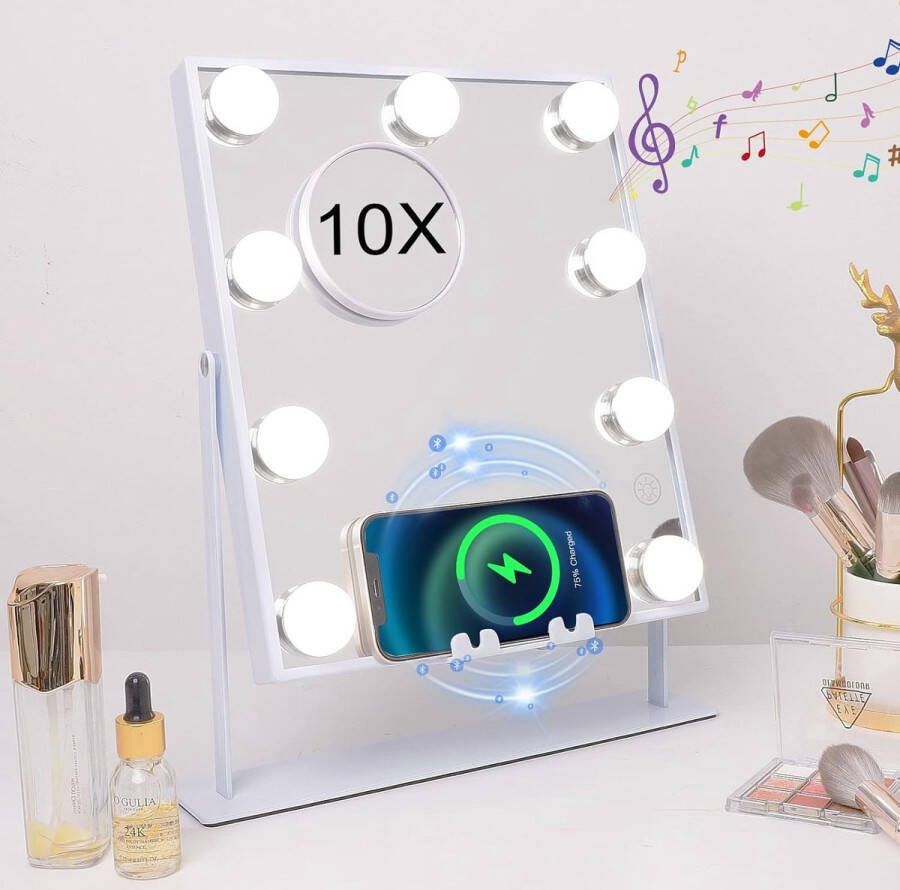 Hollywood Spiegel Bluetooth Make-upspiegel met verlichting Hollywood Make up spiegel Draadloos oplaadstation Hollywood Spiegel met 3 kleuren licht & 9 dimbare led lampen Spiegel met verlichting 360 graden rotatie Makeup spiegel