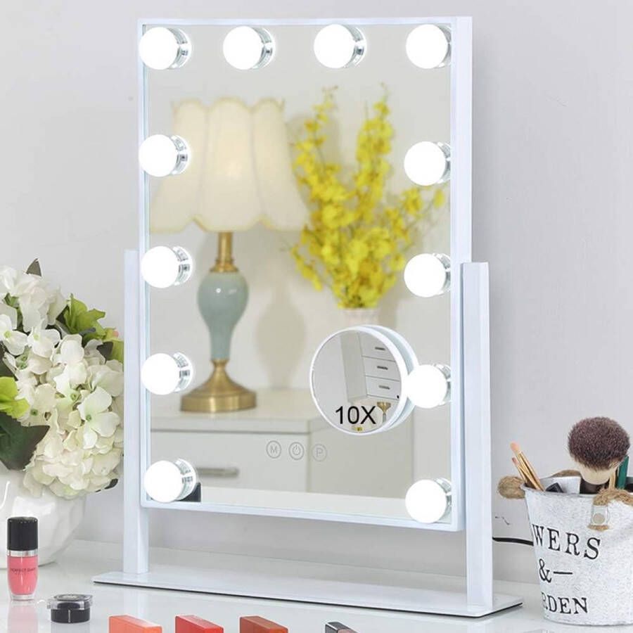 Hollywood spiegel make-up spiegel met verlichting 12 dimbare LED lampen 360° draaibare make-up spiegel met 3 lichtkleuren 10x vergroting touch bediening wit 30x41 cm