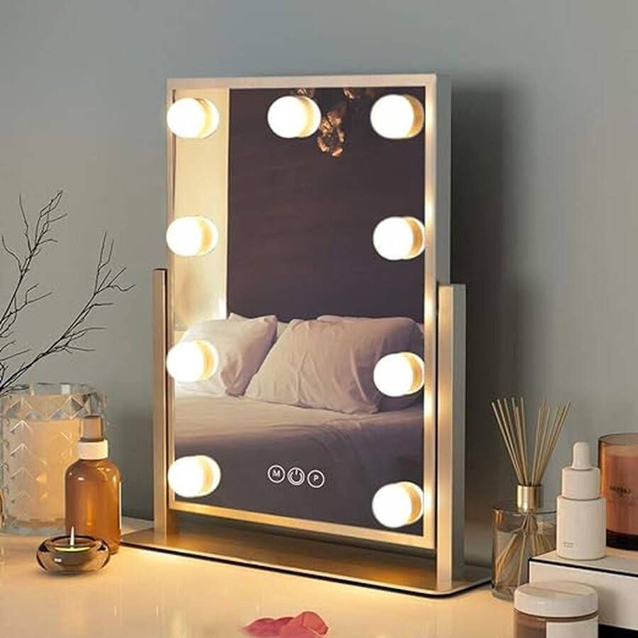 Hollywood spiegel make-up spiegel met verlichting 360° draaibaar Verlichte make-up spiegel met 9 dimbare LED lampen Cosmetische spiegel met licht 3 lichtkleuren wit 25x30 cm