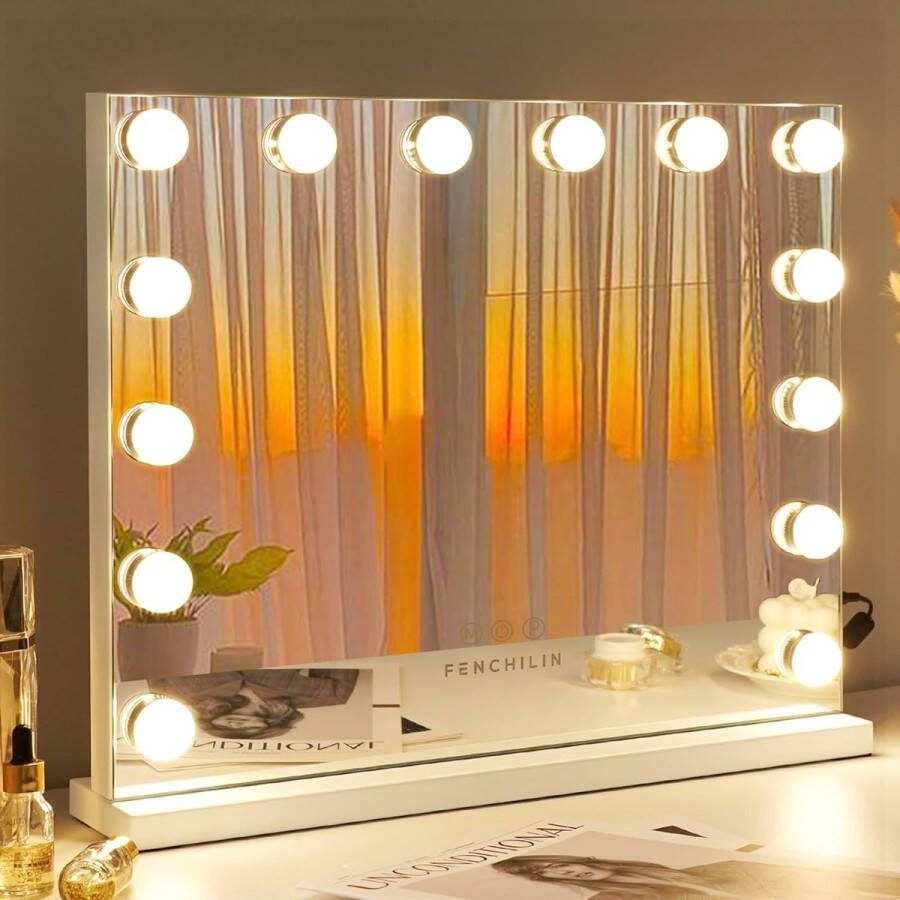 Hollywood Spiegel met Verlichting 14 Dimmer LED Lampen Make-up Spiegel met Verlichting 3 Lichtstanden Wit 50x42cm