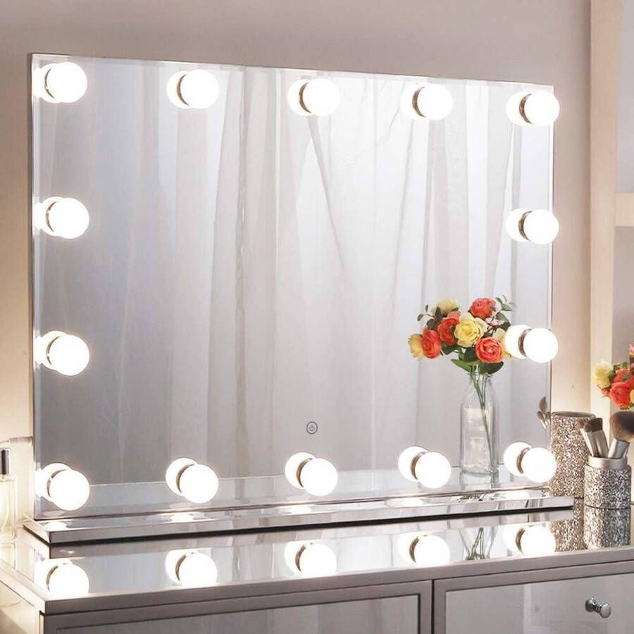 Hollywood Spiegel met Verlichting Grote Make-upspiegel met LEDverlichting 3 Instelbare Lampen Geheugen Frameloze Verlichte Spiegel Make-uptafel Hollywood spiegel