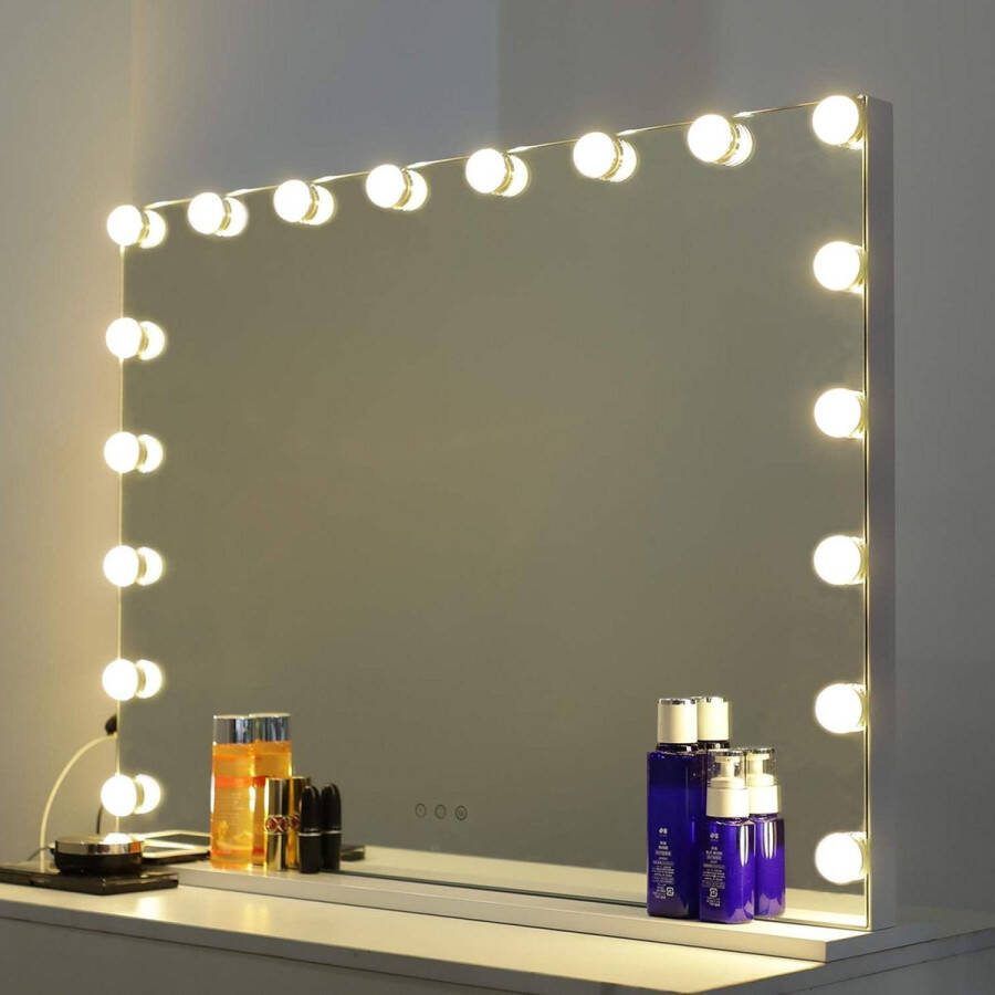 Hollywood Spiegel met Verlichting make-upspiegel 3 lichtkleuren Touch Control grote spiegel 18 dimbare LED-lampen make-upspiegel licht kaptafel Wit 80*60CM Hollywood spiegel