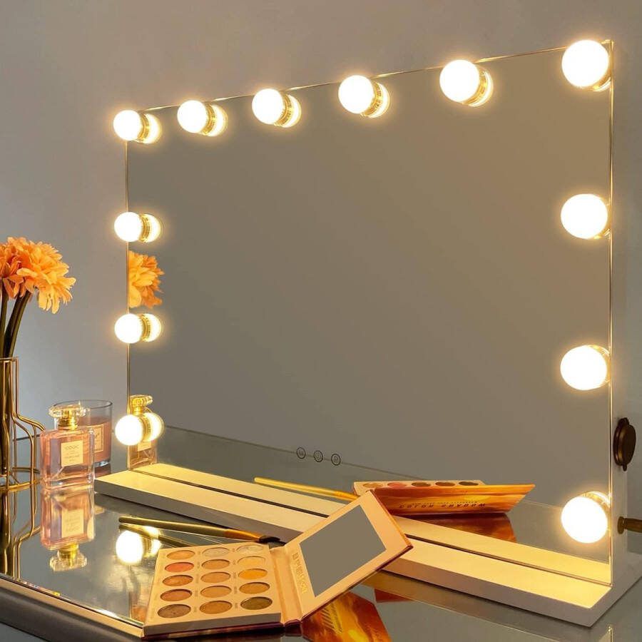 Hollywood spiegel met verlichting voor make-up tafel 12 dimbare LED lampen 3 kleurtemperaturen USB aangedreven 58X43 cm