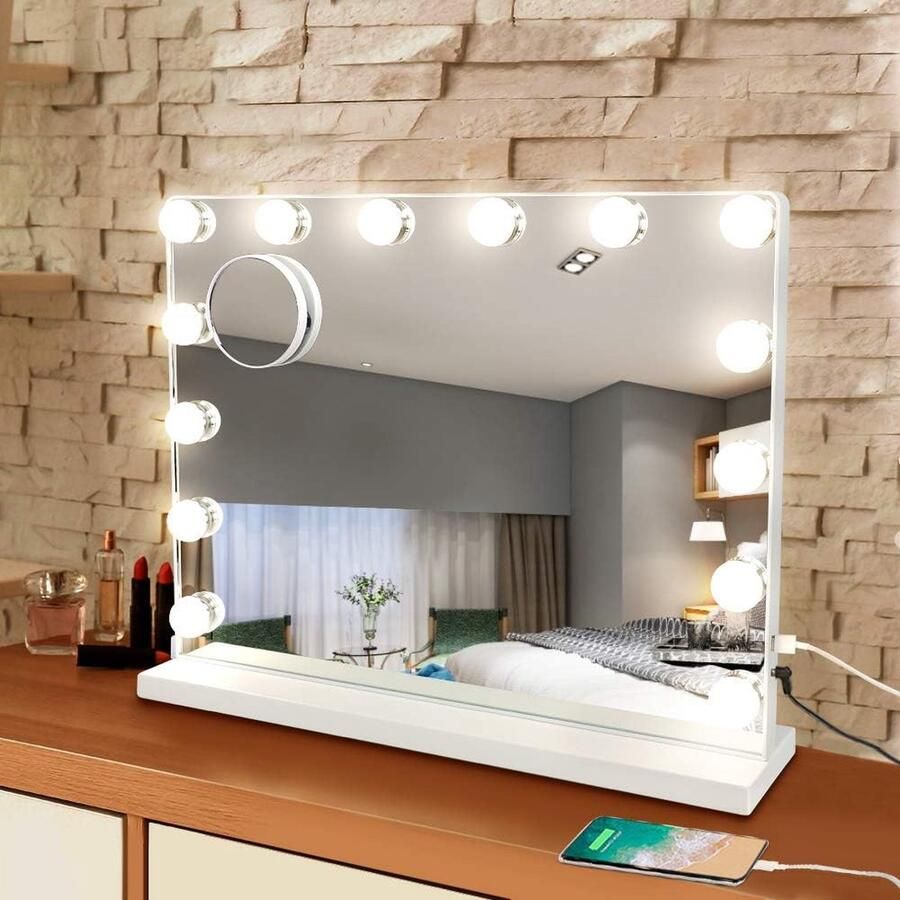 Hollywood spiegel met verlichting voor make-uptafel 14 dimbare ledlampen 3 kleurtemperaturen 50 x 40 cm