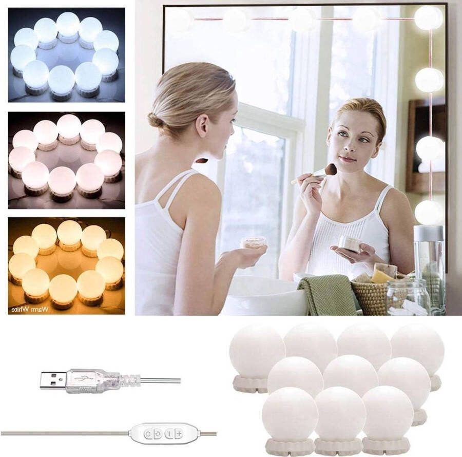 Hollywood-stijl make-upspiegelverlichting met klem USB-kabel 3 kleurenstanden 10 helderheidsniveaus doe-het-zelf vullicht voor kaptafel