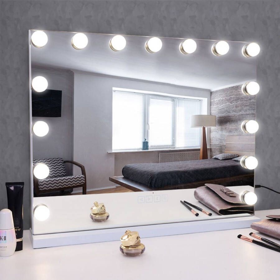 Holywood Spiegel Met Verlichting Make Up Spiegel Met Bluetooth Muziek 15 Dimbare LED Lampen Touchscreen 58x46CM Telefoonlader Wit