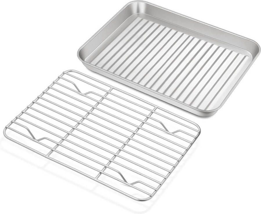 Homikit Bakplaat en afkoelrooster roestvrijstalen mini-ovenplaat taartplaat en taartrooster afkoelrooster voor het bakken en braden niet giftig vaatwasmachinebestendig 23 x 17 x 25 cm sheet pan extender