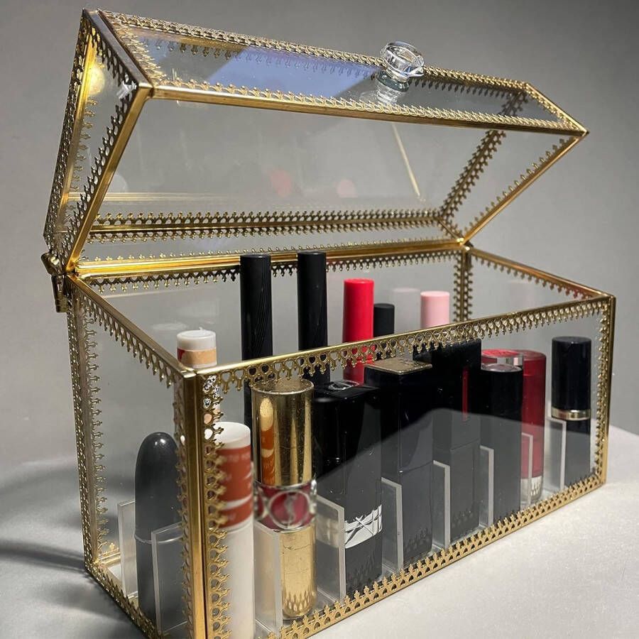Glazen lippenstiftorganizer met deksel 24 lippenstifthouder opbergdoos vintage messing helder stofdicht cosmetische make-up display voor lippenstift lipgloss glazen lippenstiftorganizer