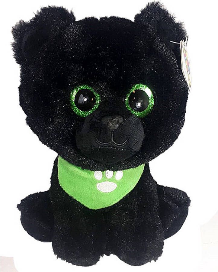 Hond Zwart met Groene Glitterogen Pluche Knuffel 25 cm {Dog Plush Toy Speelgoed Knuffeldier Knuffelpop voor kinderen jongens meisjes}