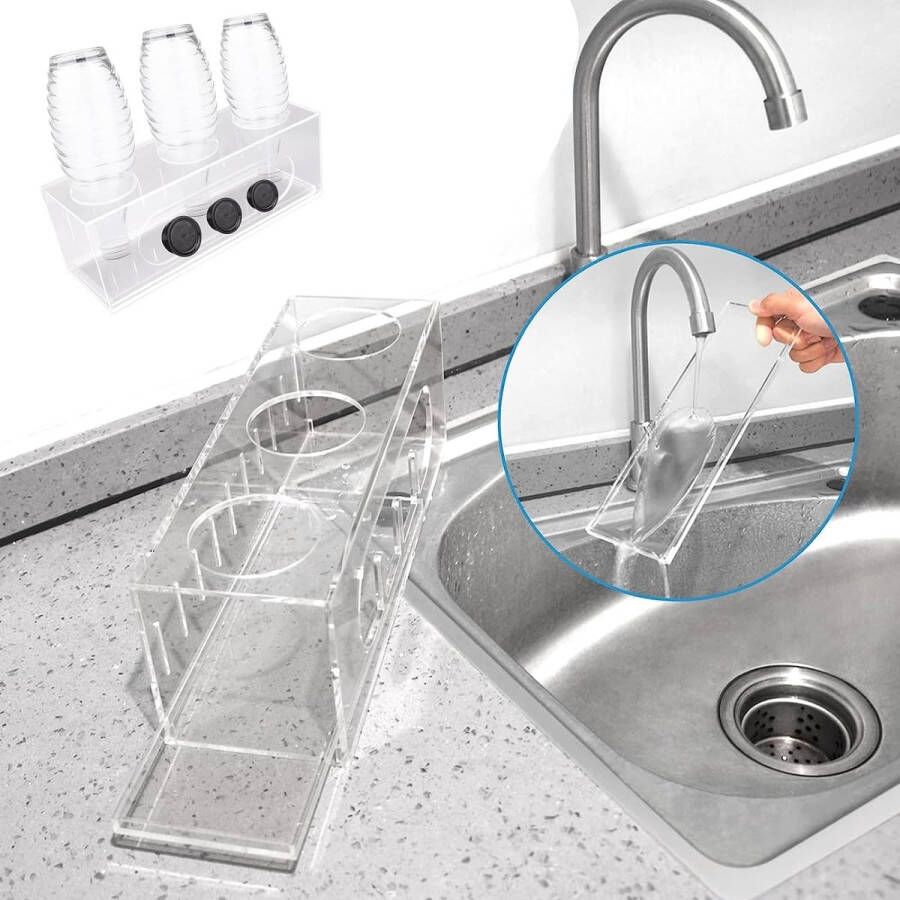 HONZUEN Bottle Holder Set of 3 Acrylic Glass Dish Drainer Bottles with Drip Tray and Lid Holder Bottle Drip Rack for Sodastream Crystal Glass Emil Bottles