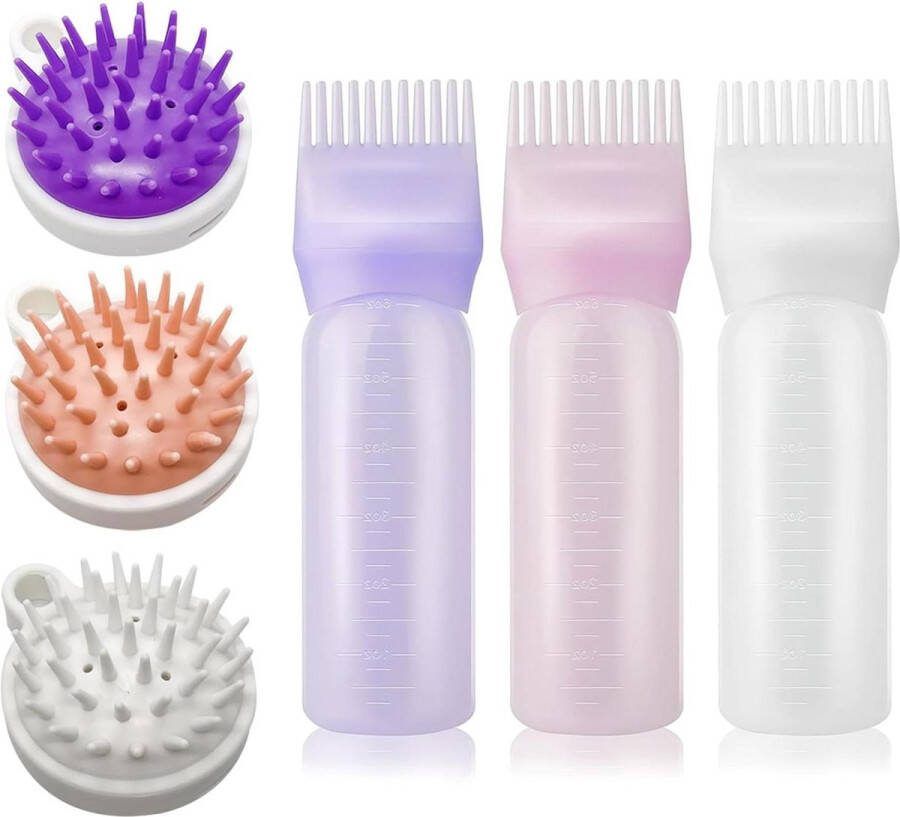 Hoofdhuidborstel Haarolie Applicator Fles Hoofdhuid Massager Wortel Kam Applicator Fles Afgestudeerd Haarverf Borstel 120ml Haar Massager Hoofdhuid Shampoo Borstel (Roze-Wit-Paars)