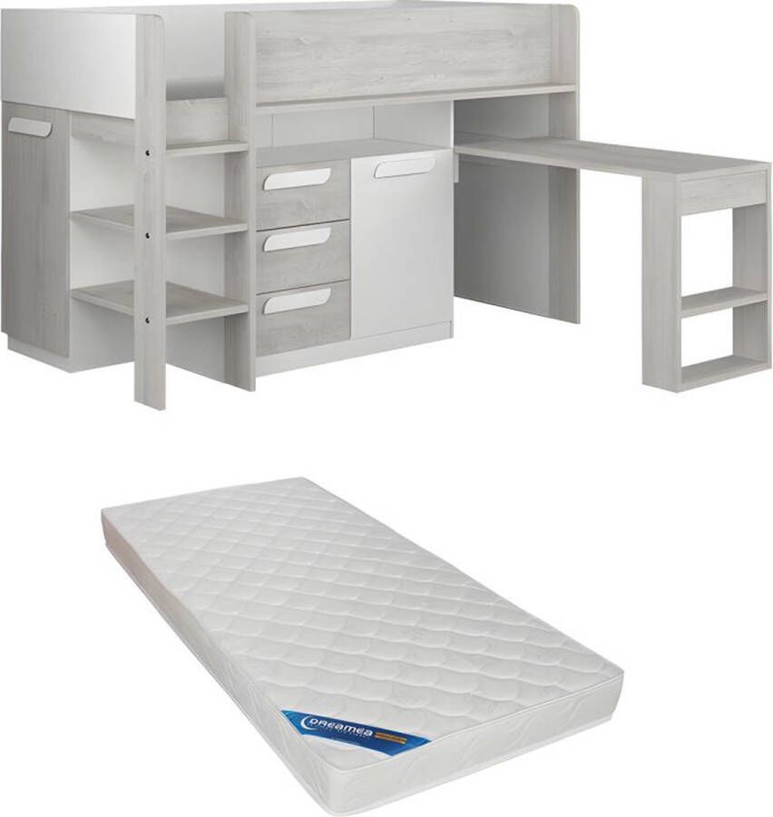 Hoogslaper 90 x 200 cm met bureau en opbergruimte Wit en naturel + matras LOUKALA L 207 cm x H 131.5 cm x D 193.8 cm