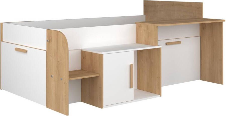 Hoogslaper 90 x 200 cm met bureau en opbergruimte wit en naturel PEDRO L 206.4 cm x H 90 cm x D 134.6 cm