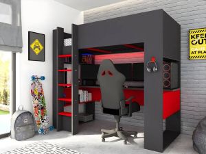 Hoogslaper gamer NOAH met bureau en opbergruimtes 90 x 200 cm met LED's Antraciet en rood + matras L 206 cm x H 183 cm x D 110 cm