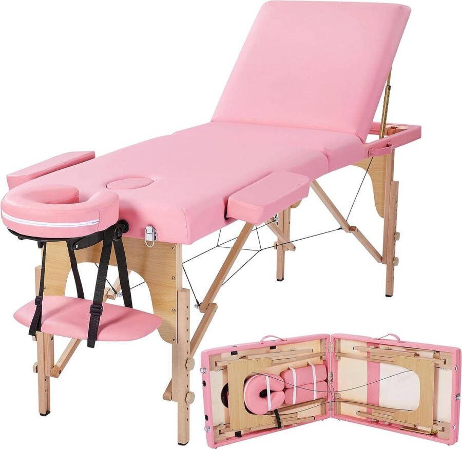 Hoogte verstelbare massagetafel met 3 massagezones incl. hoofdsteun en afneembare armleuningen lichtroze massage matras