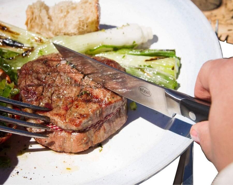 Hoogwaardig 4-delig steakmes set geslepen lemmet van speciaal staal inclusief steakvork POM praktische houten kist