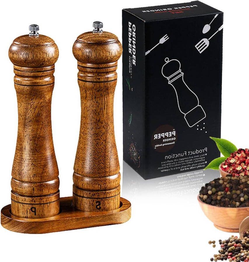 Hoogwaardige houten kruidenmolen set van 2 met verstelbaar keramisch maalwerk inclusief onderzetter sokkel peper zout molen acaciahout 20 cm