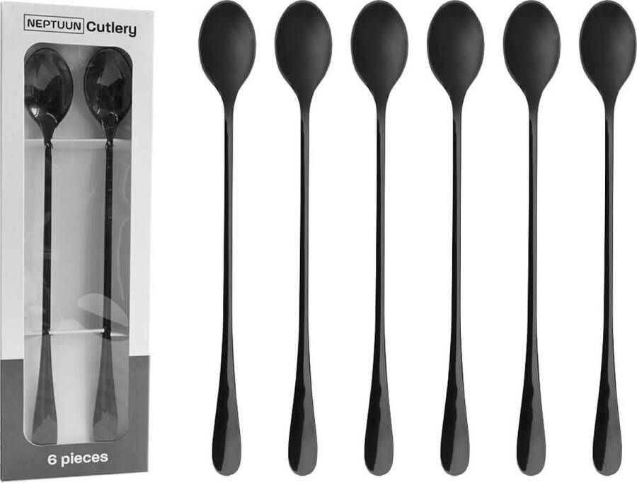 Hoogwaardige latte macchiato lepel 6-delige set 22 8 cm lange lepel longdrinklepel van roestvrij staal cocktaillelepel dessertlepel ijskoffie hoogglans gepolijst (zwart)