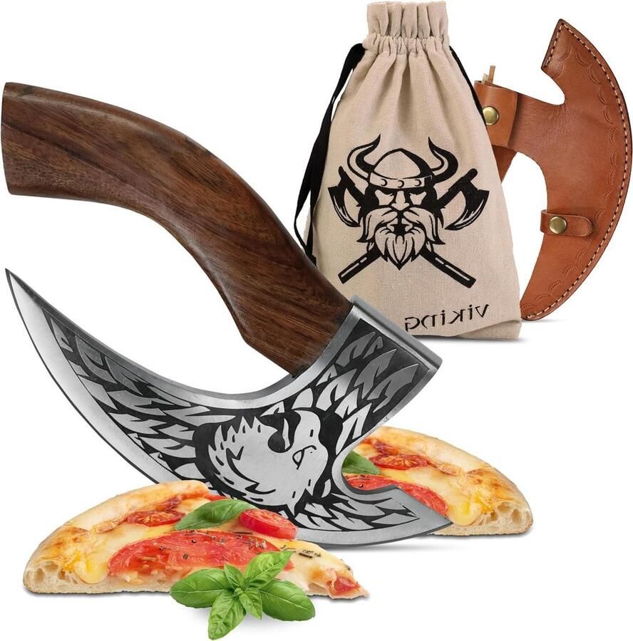 Hoogwaardige Pizzasnijder Bijl Viking Met Vikingmotief en leren bescherming Ideaal als wiegmes voor pizza Middeleeuwse Vikingdecoratie LARP Vikingcadeau pizza cutter