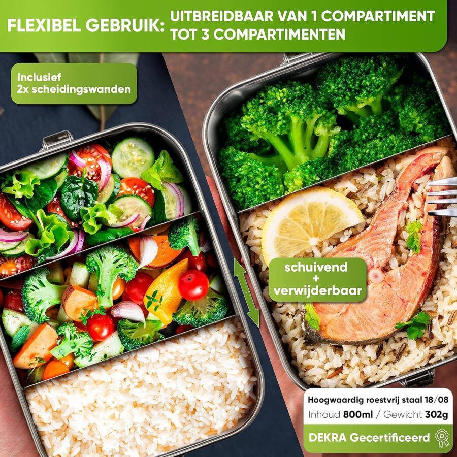 Hoogwaardige roestvrijstalen lunchbox I 1400ml I De broodtrommel is opgedeeld in compartimenten en kun je makkelijk afsluite Deze roestvrijstalen bento box