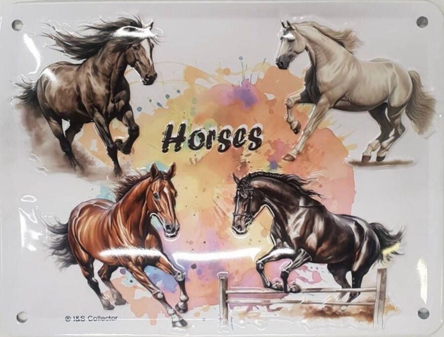 Horses. Metalen wandbord in reliëf 15 x 20 cm