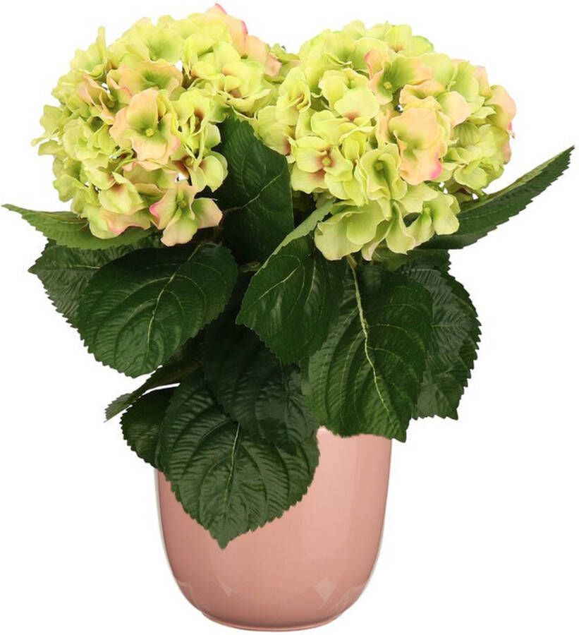 Hortensia kunstplant kunstbloemen 36 cm groen roze in pot lichtroze glans Kunst kamerplant