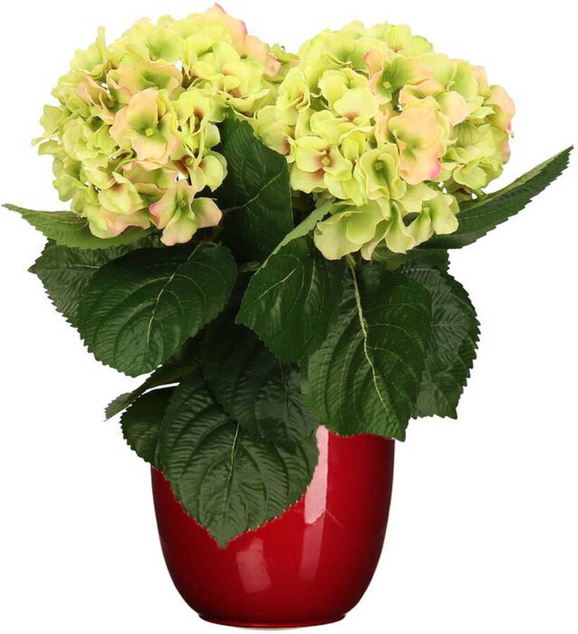 Hortensia kunstplant kunstbloemen 36 cm groen roze in pot rood glans Kunst kamerplant
