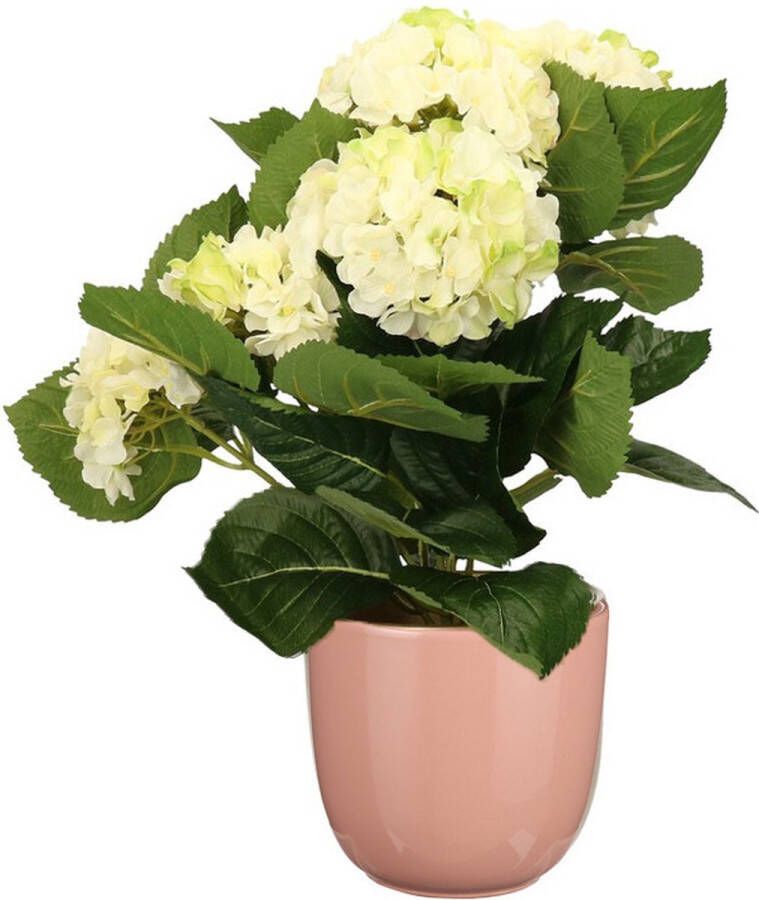 Merkloos Hortensia kunstplant kunstbloemen 36 cm wit groen in pot lichtroze glans Kunstplanten