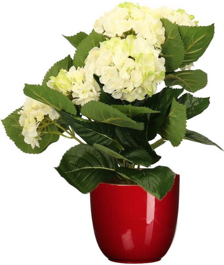 Merkloos Hortensia kunstplant kunstbloemen 36 cm wit groen in pot rood glans Kunstplanten