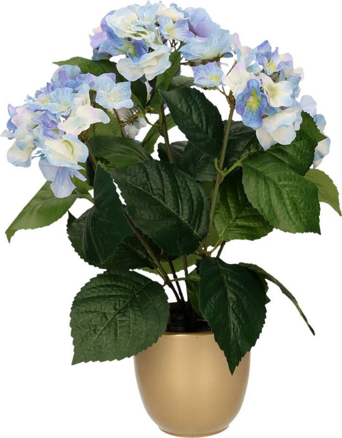 Merkloos Hortensia kunstplant kunstbloemen 40 cm blauw in pot mat goud Kunstplanten