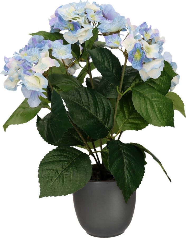 Merkloos Hortensia kunstplant kunstbloemen 40 cm blauw in pot mat zwart Kunstplanten