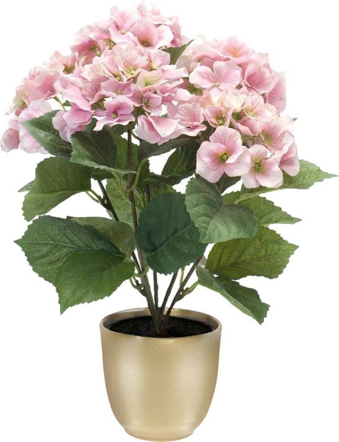 Merkloos Hortensia kunstplant kunstbloemen 40 cm roze in pot goud mat Kunstplanten