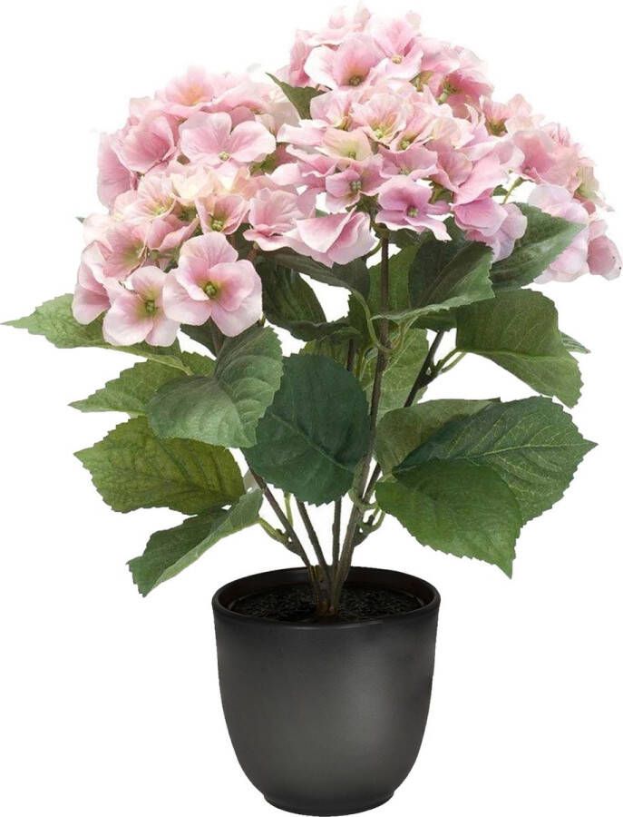 Merkloos Hortensia kunstplant kunstbloemen 40 cm roze in pot mat zwart Kunstplanten