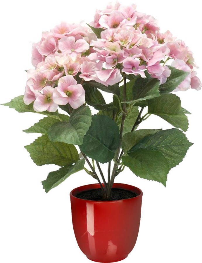Merkloos Hortensia kunstplant kunstbloemen 40 cm roze in pot rood glans Kunstplanten