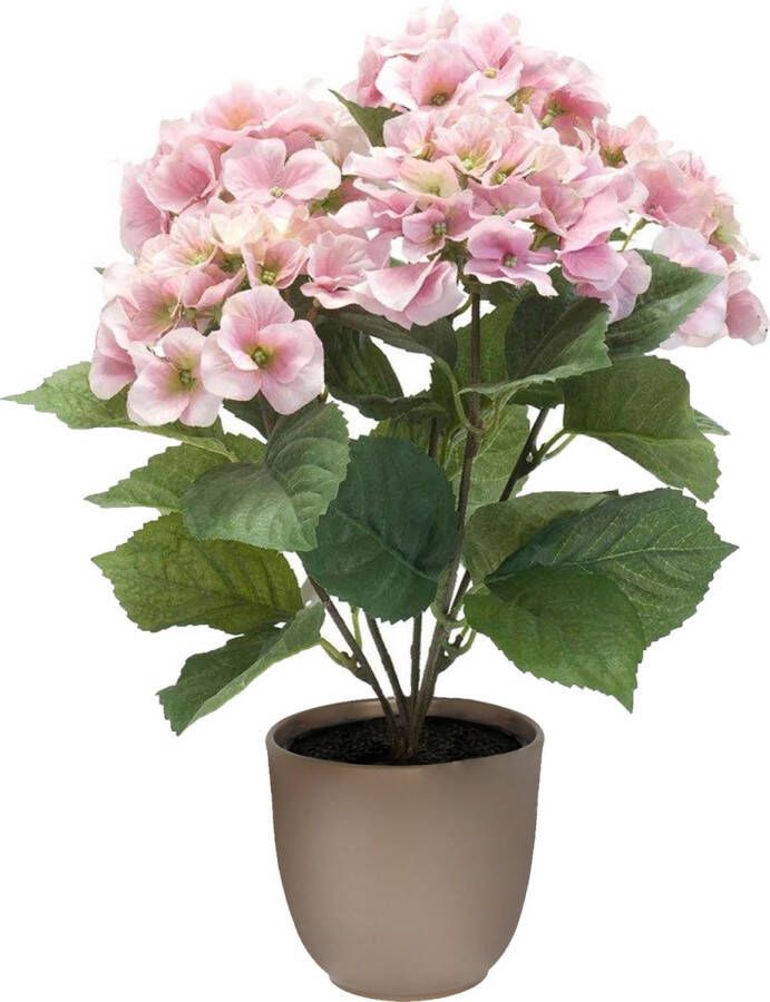 Merkloos Hortensia kunstplant kunstbloemen 40 cm roze in pot taupe mat Kunstplanten