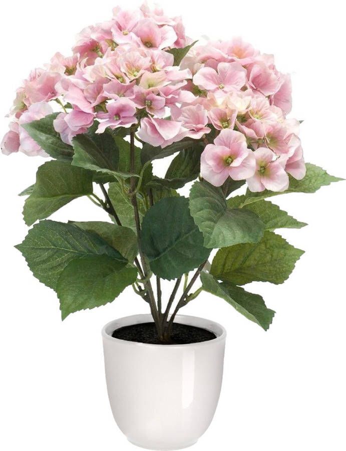 Merkloos Hortensia kunstplant kunstbloemen 40 cm roze in pot wit glans Kunstplanten