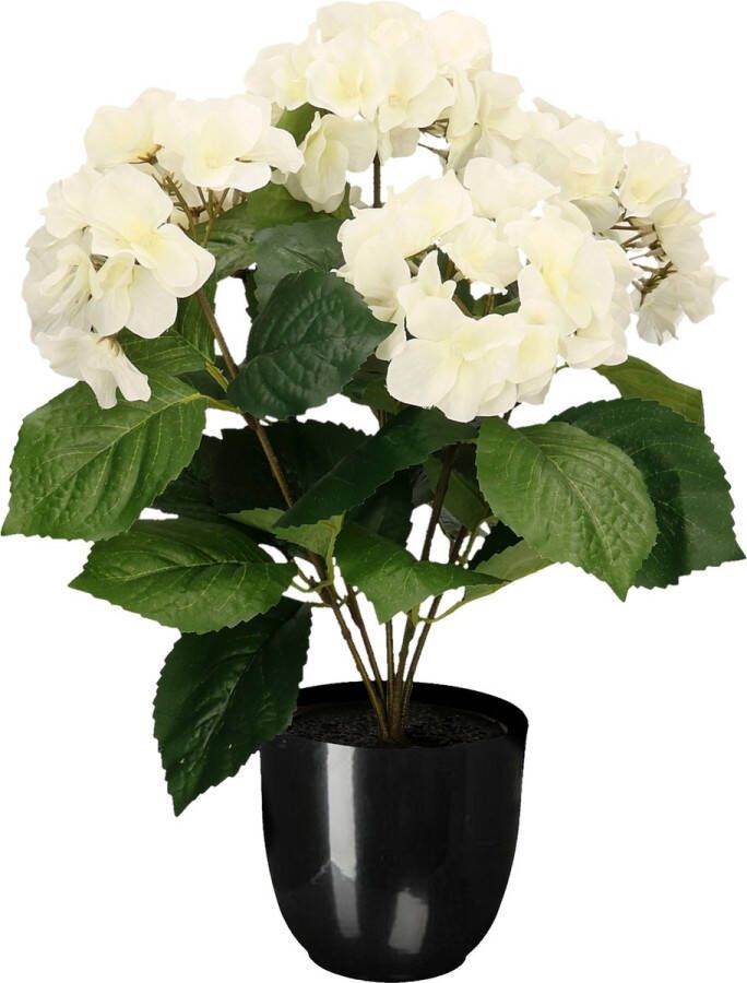 Merkloos Hortensia kunstplant kunstbloemen 40 cm wit in pot zwart glans Kunstplanten