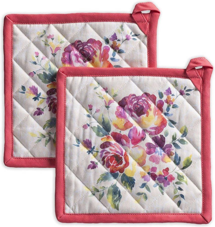 Hot Pads Paas-pothouder van 100% katoen set van 2 (20 cm x 20 cm) met strik hittebestendig voor BBQ koken bakken grillen magnetron roze tuin lente zomer