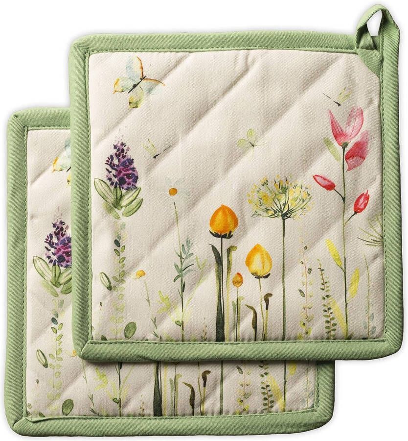 Hot Pads Pothouder van 100% katoen met strik hittebestendige set met 2 pannenlappen voor Moederdag BBQ grillen Botanical Fresh lente zomer (20 cm x 20 cm)