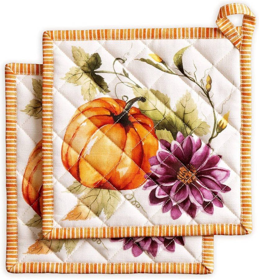 Hot Pads Set met 2 pannenlappen van 100% katoen (20 cm x 20 cm) pannenlappen voor moederdaggeschenken BBQ pompoen tuin Cloudy Cream Thanksgiving Kerstmis