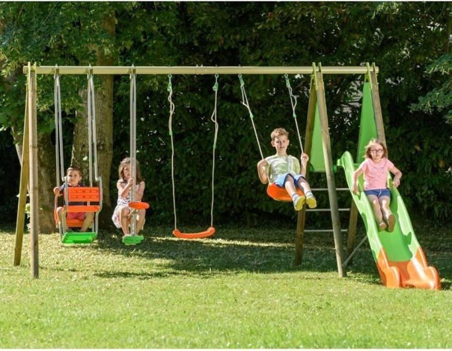 Hout- en metalen portiek 2 30 m 2 schommels 1 voorkant 1 gondel en 1 dia 2.63m Kahuna Trigano