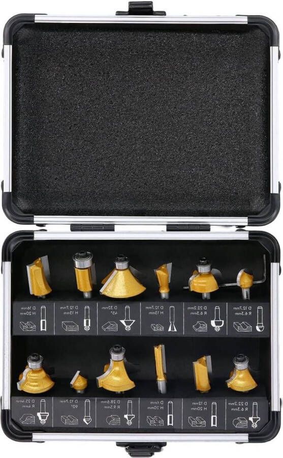 Houtbewerkingsschacht Wolfraamcarbide getipte Router Bit Set 12 Stuk DIY Tool met zeskantsleutel Aluminium behuizing goud en zilver