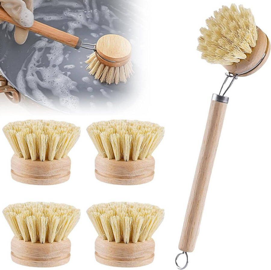 Houten afwasborstel set van 4 duurzame afwasborstel van hout met natuurlijke vezel vaatborstel pannenborstel met 3 x reservekop Afwasborstel
