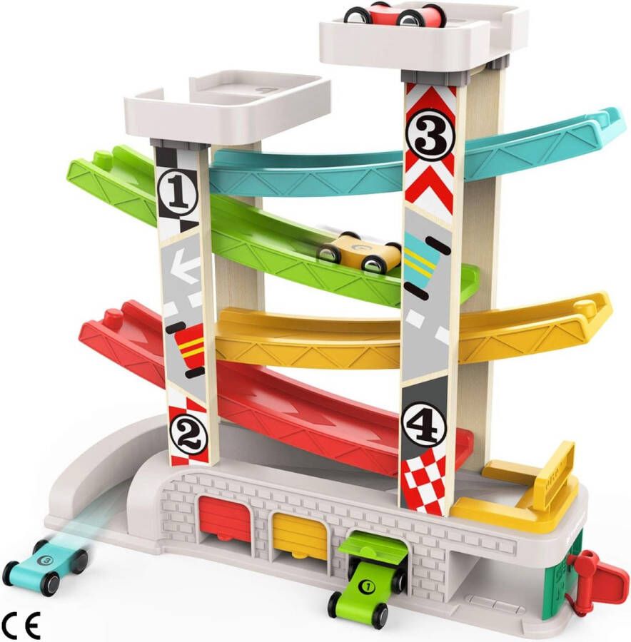 Houten Auto Ramp Speelgoed met 4 Auto's en 3 Garages Rollerbaan Perfect Peuterspeelgoed voor Jongens van 2-3 jaar Geweldig Verjaardagscadeau