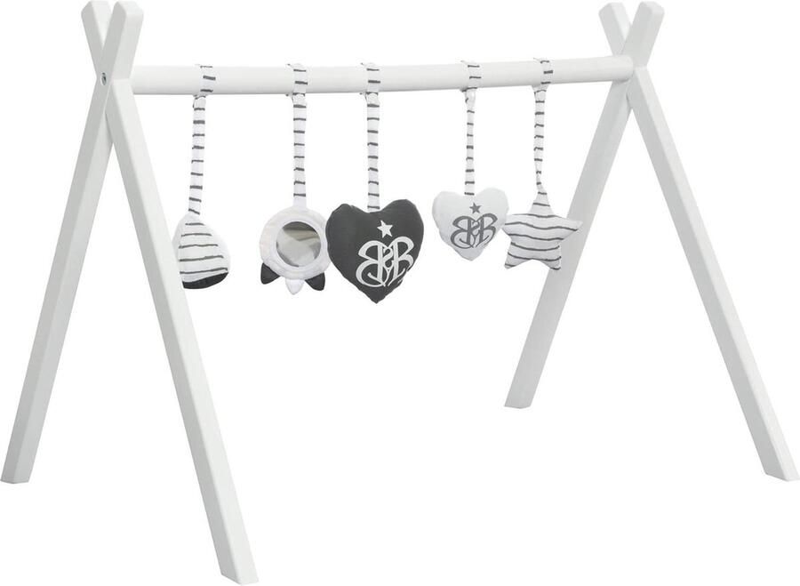 Houten Baby Speelboog volgens Montessori met Rock Star Baby 3 hanger Activiteiten Center en Speeltrapeze wit