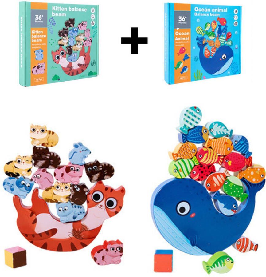 Houten Balansspel Kat & Walvis 2 Sets Deal- Stapel Blokken Houten speelgoed Montessori- Houten blokken 2 Sets